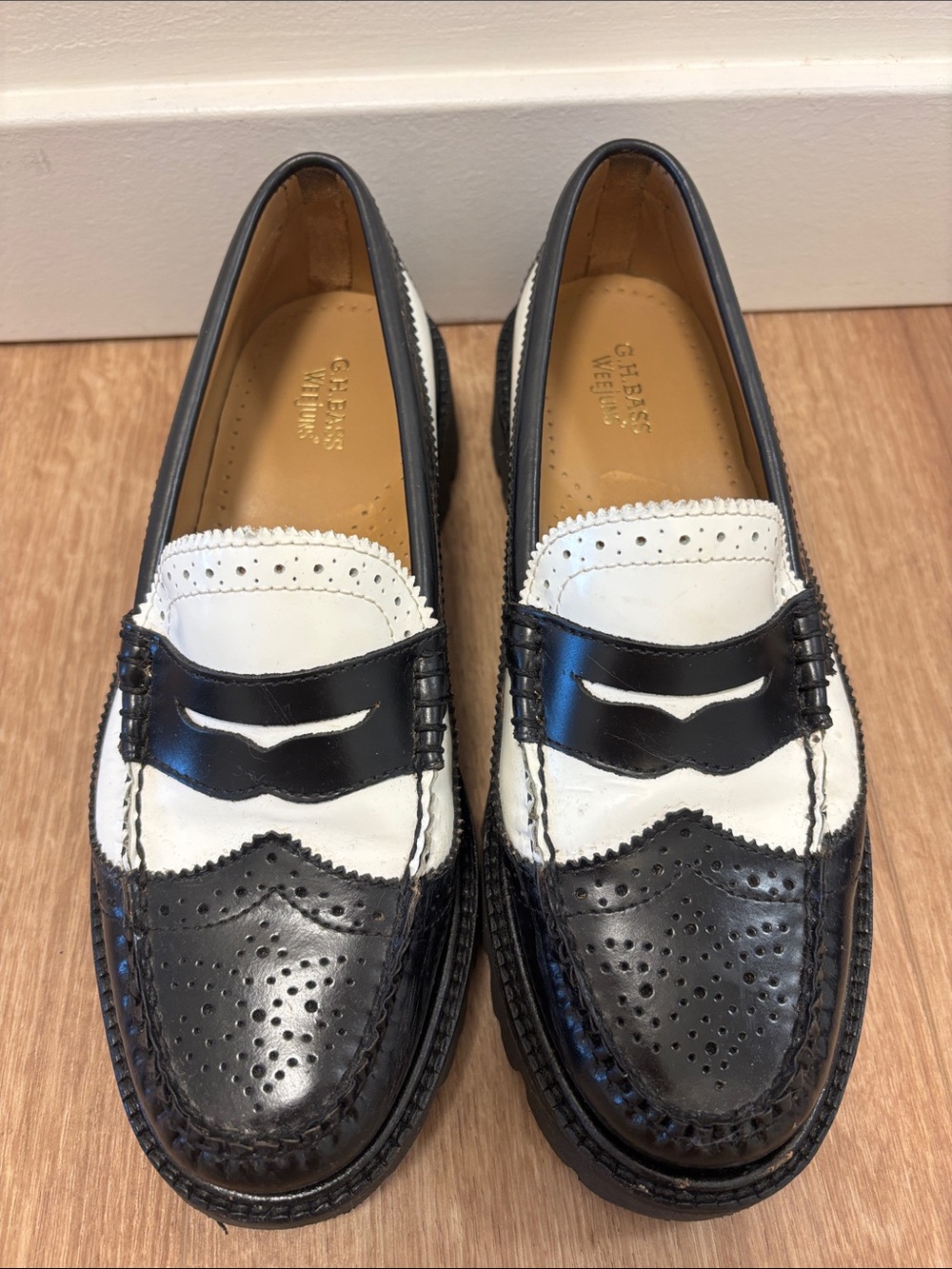 G.H. Bass & Co. Black and White Leather Penny Loafers
